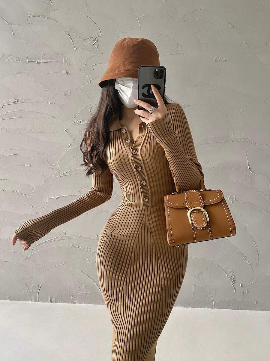 YoungGirlDay pure Desire slim fit ve áo dài tay dệt kim bodycon váy đuôi cá váy dài
