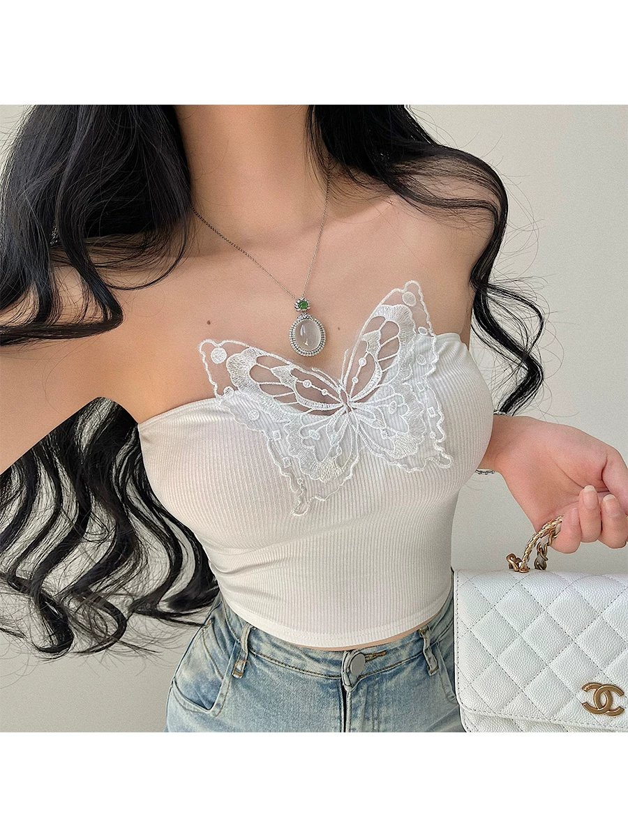 YoungGirlDay khao khát thuần khiết gợi cảm, áo crop top ngắn thêu ren hình bướm, áo ống ngắn.
