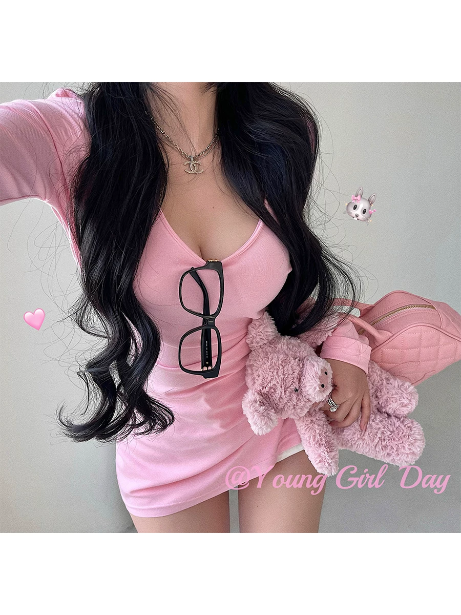 YoungGirlDay khao khát thuần khiết phong cách cô gái ngọt ngào gợi cảm cổ chữ V ôm sát eo xếp nếp áo thun dài tay cơ bản