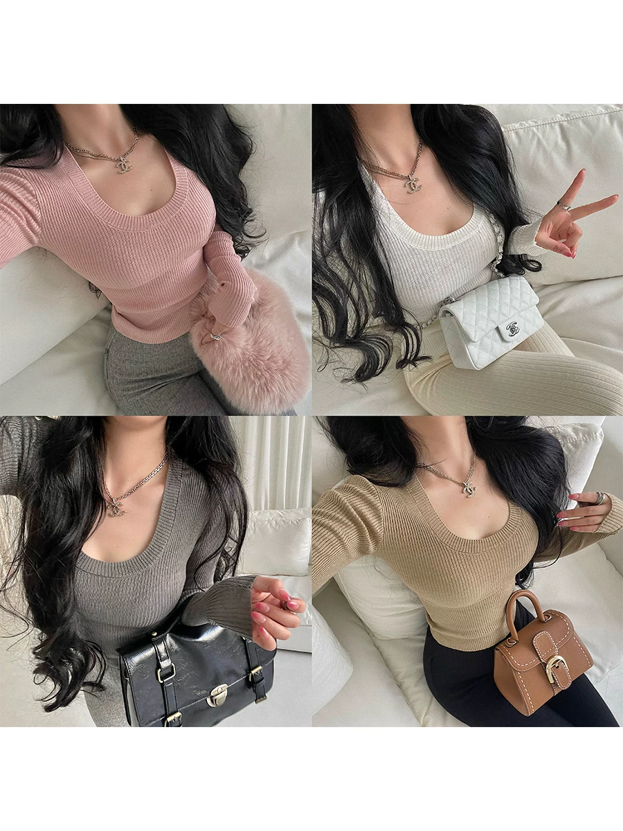 YoungGirlDay Pure Desire Áo thun dệt kim dài tay cổ chữ U gợi cảm màu trơn dành cho nữ.