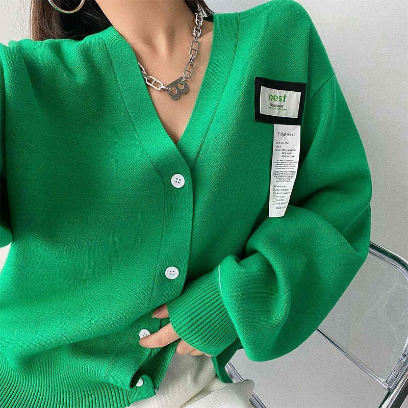 YoungGirlDay Áo khoác cardigan dệt kim cổ chữ V dáng rộng phong cách retro của Mỹ có nhãn hiệu áo khoác len dài tay dành cho nữ