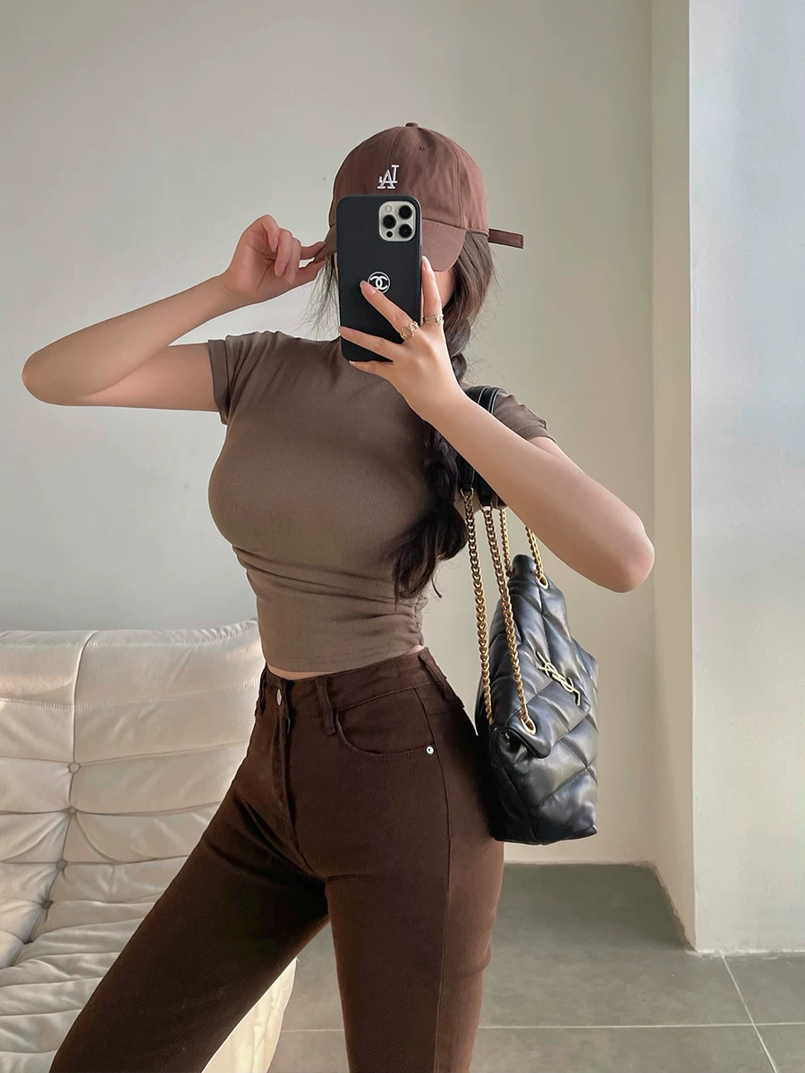 YoungGirlDay Pure Desire Gợi cảm Slim Fit Cổ cao xếp nếp Áo thun ngắn tay ngắn dành cho nữ.