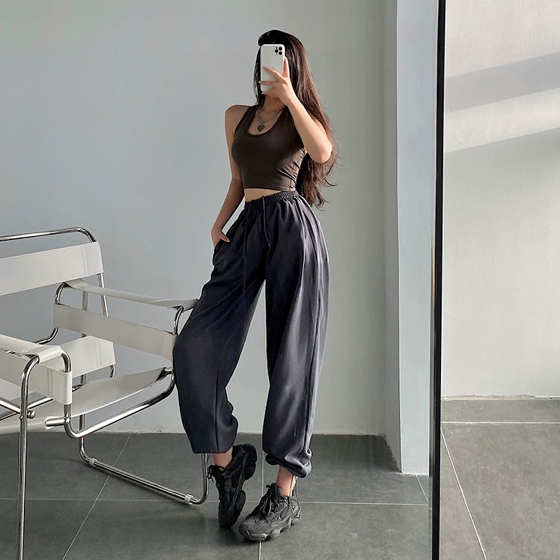 YoungGirlDay Quần jogger dây rút cạp cao dáng rộng phong cách Âu Mỹ, quần thể thao đa năng dành cho nữ