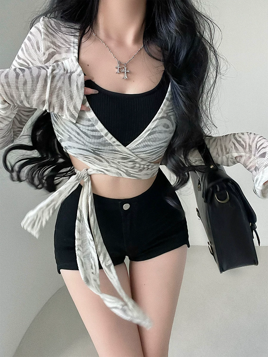 YoungGirlDay Áo cardigan dài tay in họa tiết ngựa vằn gợi cảm, dáng ôm vừa vặn, có dây buộc, chống nắng dành cho nữ
