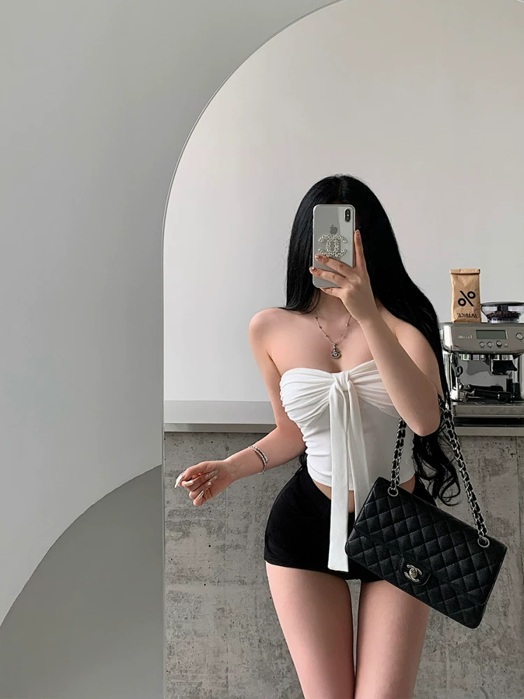 YoungGirlDay khao khát thuần khiết phong cách hot girl gợi cảm thắt nơ thắt eo thon gọn áo ống ngắn áo vest ngắn