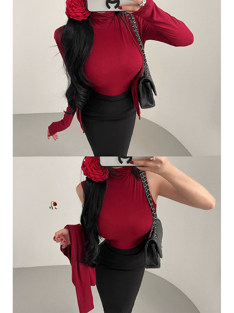 YoungGirlDay Phong cách Hàn Quốc thuần khiết gợi cảm Áo vest không tay cổ cao dáng ôm vừa vặn áo cardigan dài tay bộ hai món