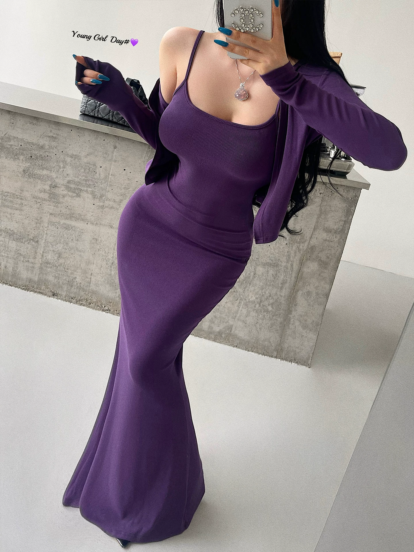 YoungGirlDay Kardashian váy dây đeo hông gợi cảm ôm sát hông, váy dài đến sàn, bộ đồ cardigan dài tay