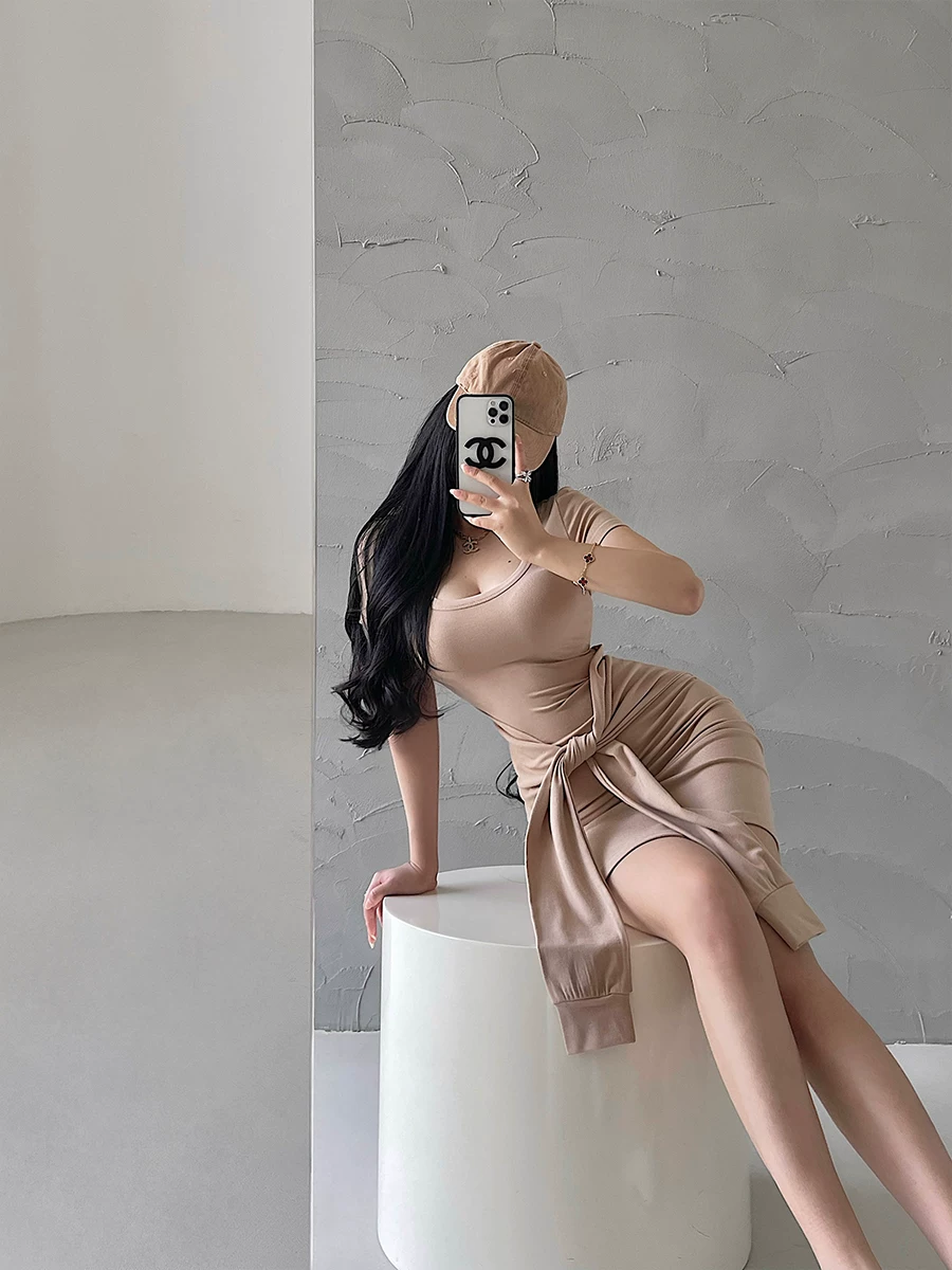 YoungGirlDay Pure Desire Gợi cảm cổ chữ U Slim Fit Giả hai mảnh Thắt eo tay ngắn Bodycon Dress Váy ngắn