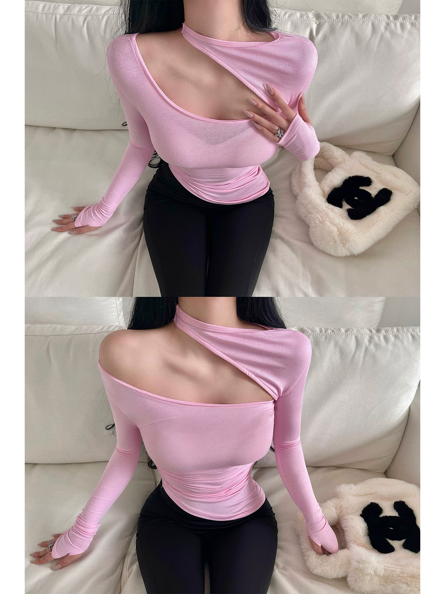 YoungGirlDay Pure Desire Style Phong cách gợi cảm Một vai Slim Fit Ruched Eo có thể tháo rời Áo thun dài tay có thể tháo rời.