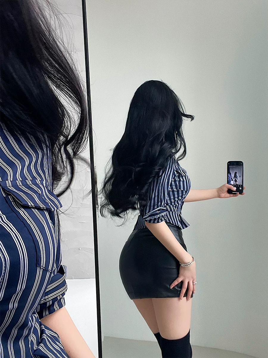 YoungGirlDay hot girl áo sơ mi dài tay sọc dọc thời trang có cổ, dáng ôm vừa vặn, sọc dọc, dành cho nữ