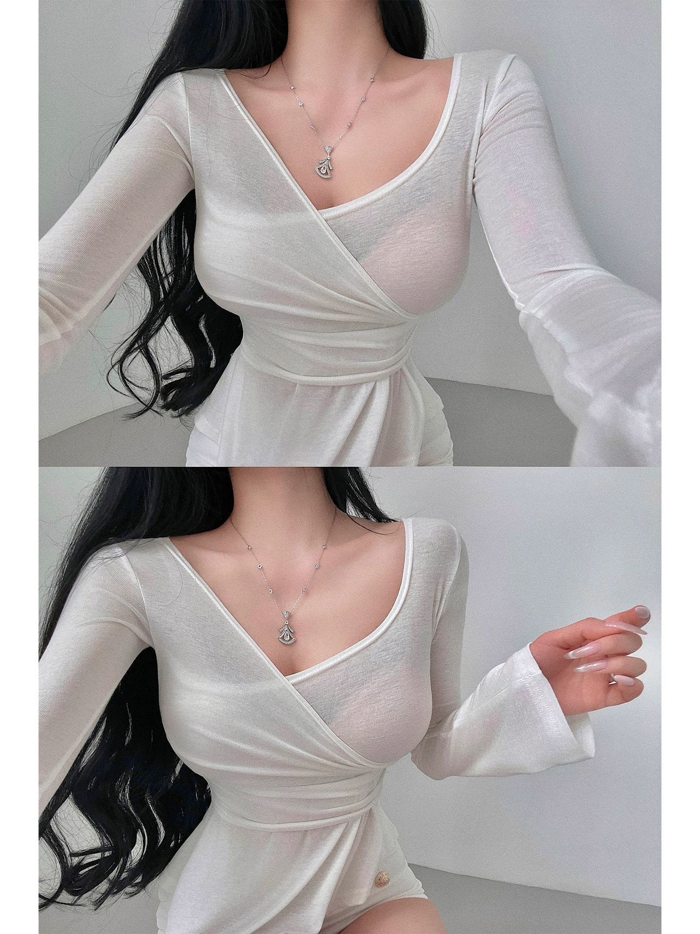 YoungGirlDay khao khát thuần khiết gợi cảm cổ chữ V khoét eo ôm sát eo thon gọn viền không đều áo thun dài tay