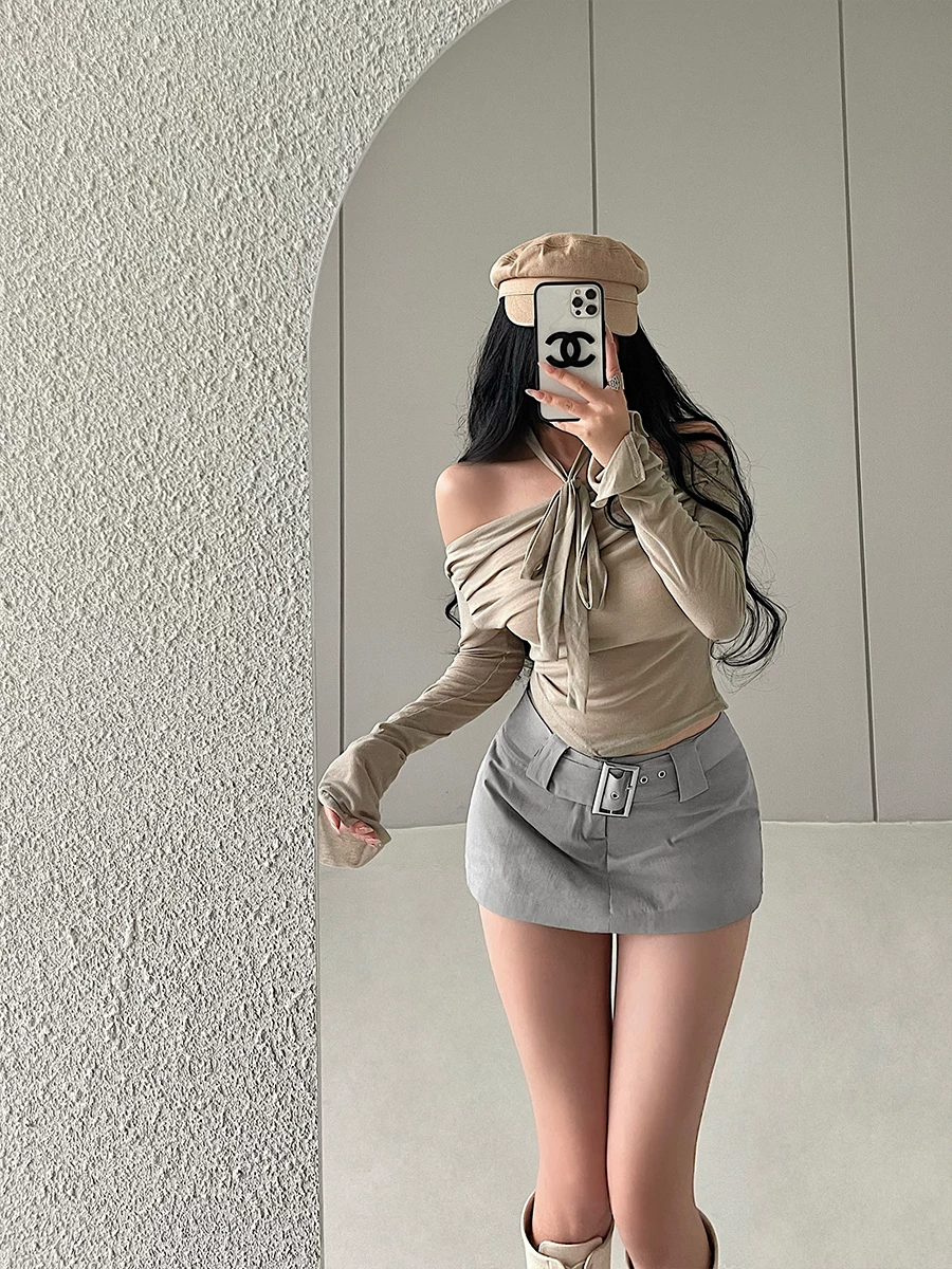 YoungGirlDay Pure Desire Áo thun dài tay trễ vai gợi cảm Bộ váy ôm sát eo cao chống lộ hàng.