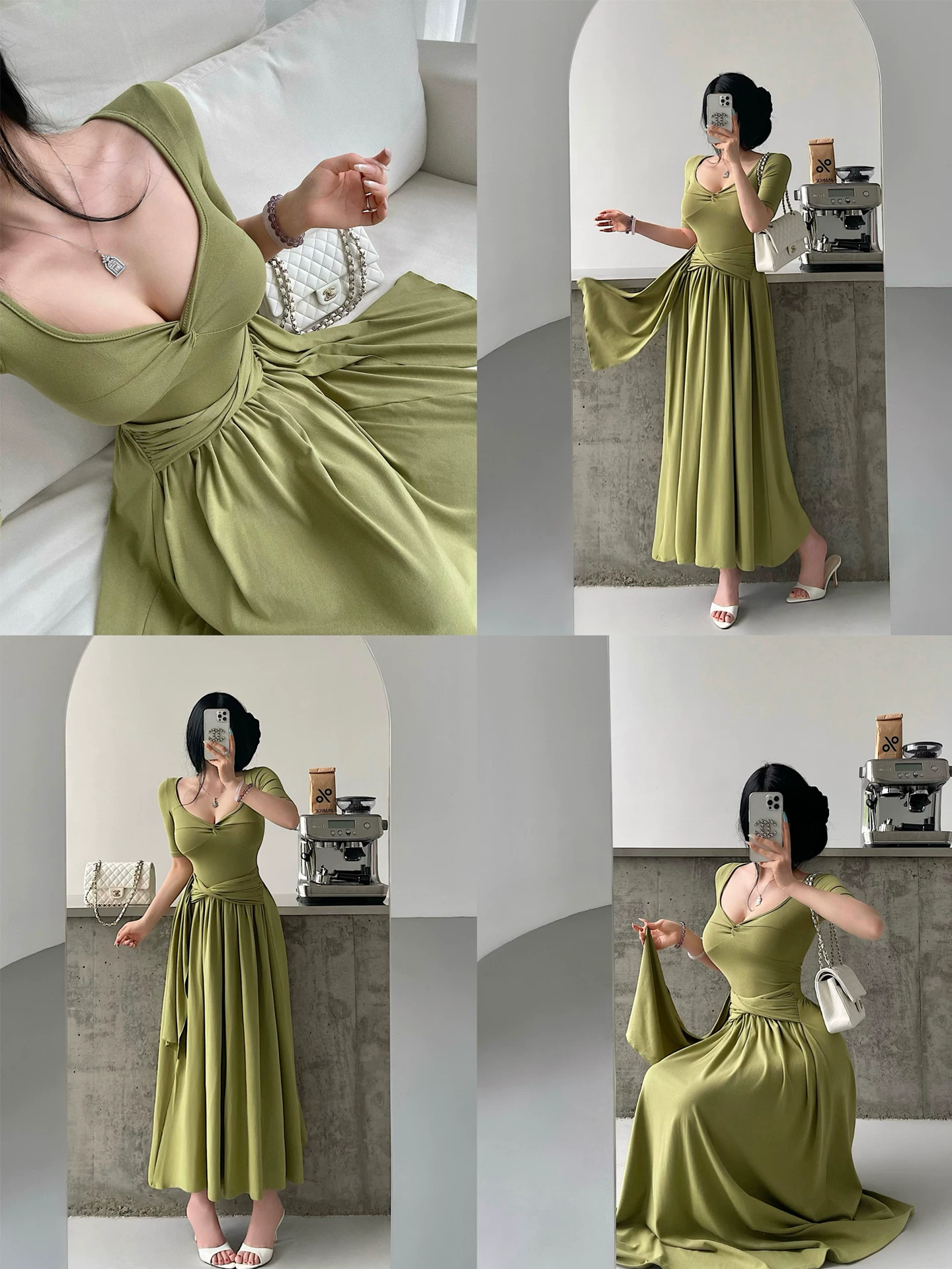 YoungGirlDay Pure Desire Style Váy thắt nút cổ chữ V gợi cảm với thiết kế nâng ngực, ôm eo, hiệu ứng giảm béo, viền xếp nếp, váy dài.