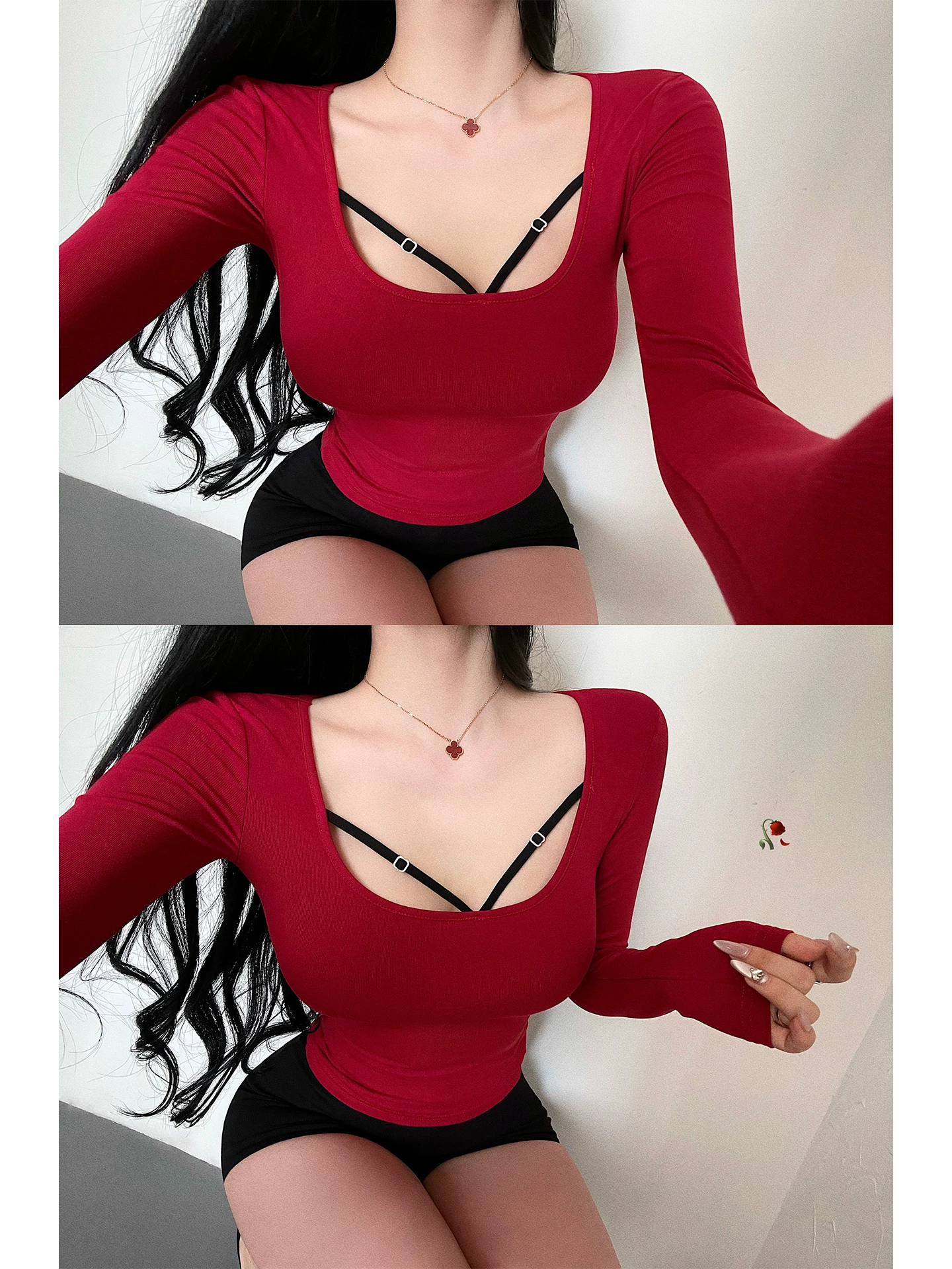 YoungGirlDay phong cách thuần khiết gợi cảm Áo thun dài tay cổ chữ U phối màu, thắt dây chéo, ôm sát cơ thể