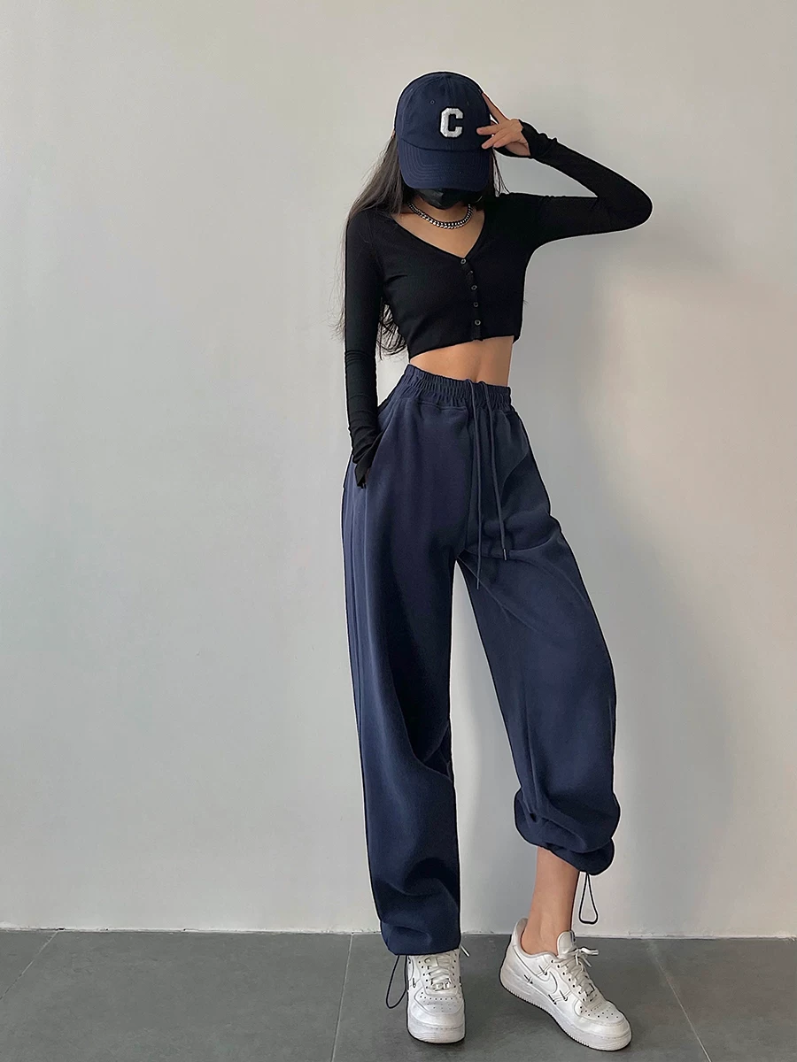 YoungGirlDay Quần jogger dây rút eo cao phong cách Âu Mỹ, màu trơn, đa năng, quần thể thao thông thường, quần dài