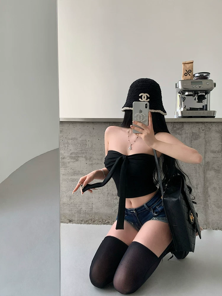 YoungGirlDay khao khát thuần khiết phong cách hot girl gợi cảm thắt nơ thắt eo thon gọn áo ống ngắn áo vest ngắn