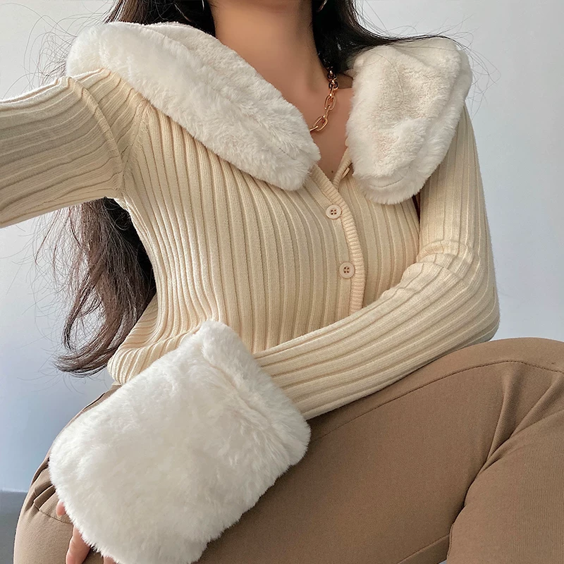 YoungGirlDay Áo len dệt kim có cổ lông có thể tháo rời thời trang phong cách Âu Mỹ, áo len cardigan ngắn vừa vặn, giúp thon gọn vóc dáng