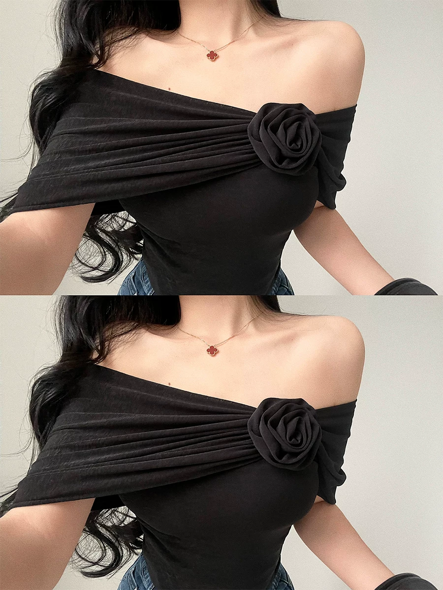 YoungGirlDay Pure Desire Áo thun ngắn tay vừa vặn một vai gợi cảm có trang trí hoa hồng ba chiều
