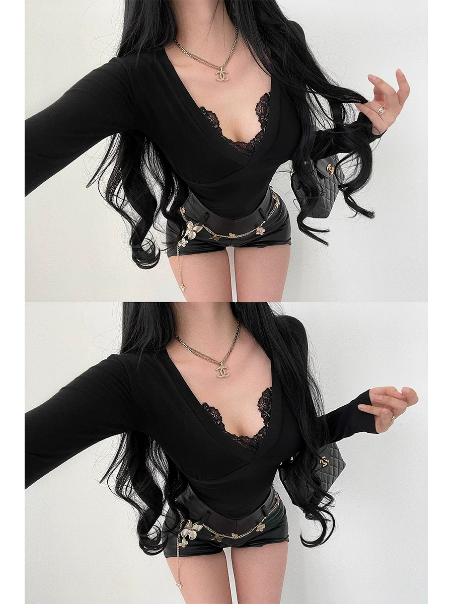 YoungGirlDay khao khát thuần khiết hot girl gợi cảm cổ chữ V sâu phối ren ôm sát áo thun dài tay cơ bản