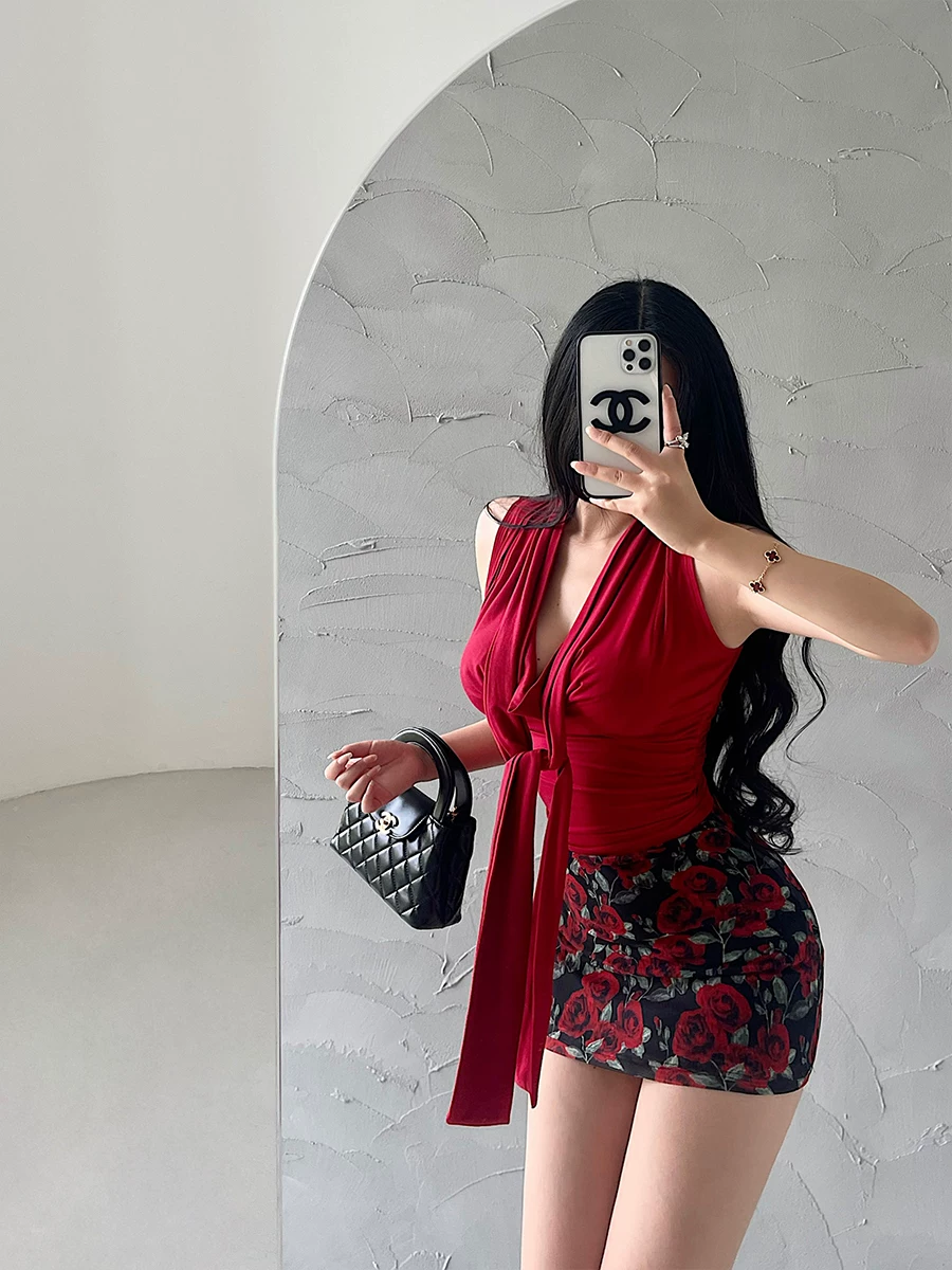 YoungGirlDay Váy ngắn ôm hông lưới cạp cao in họa tiết hoa hồng gợi cảm theo phong cách retro châu Âu và Mỹ