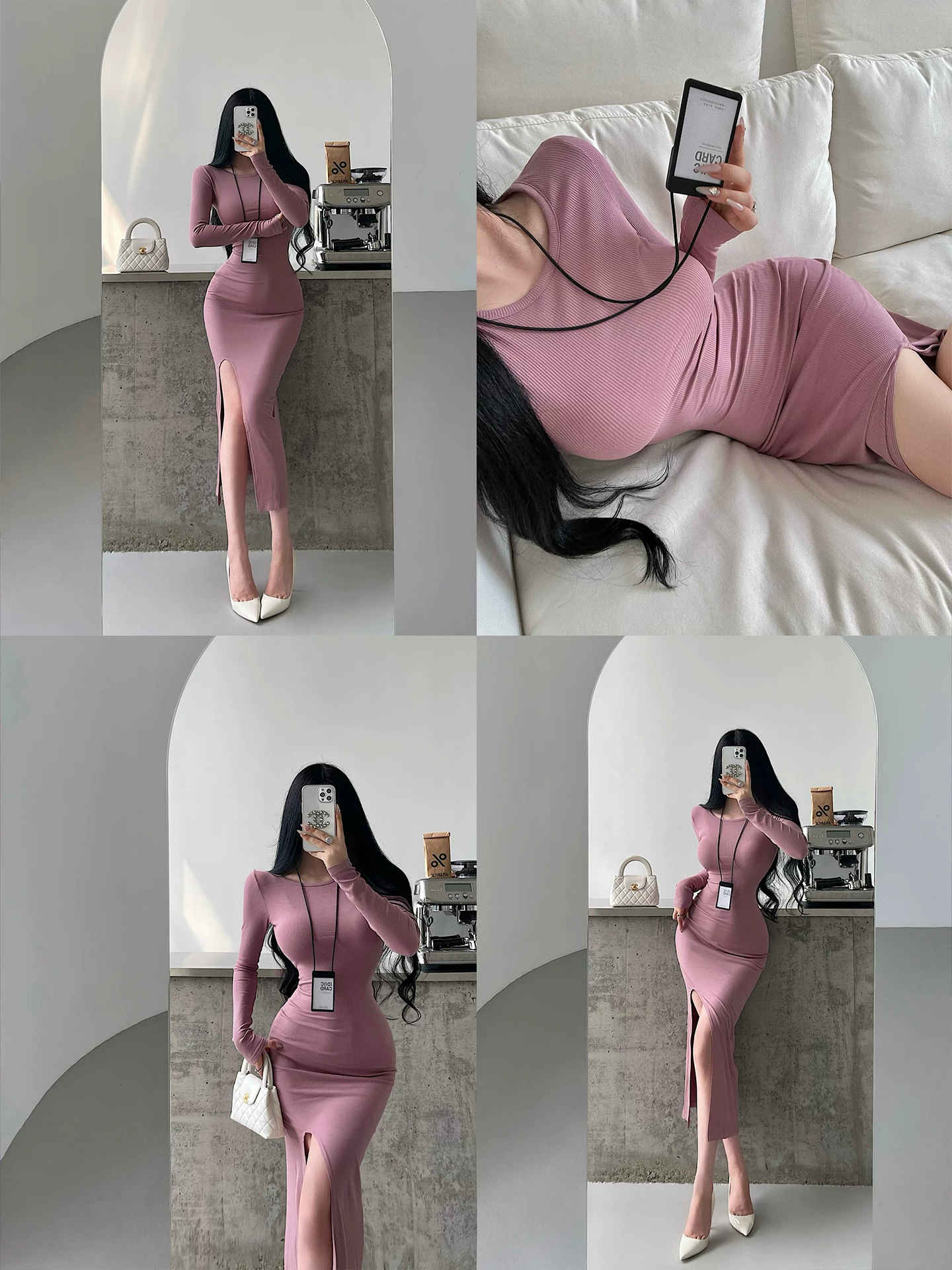 YoungGirlDay Kardashian Váy ôm sát cổ tròn gợi cảm, tay dài, có đường xẻ bên hông, váy dài vừa phải