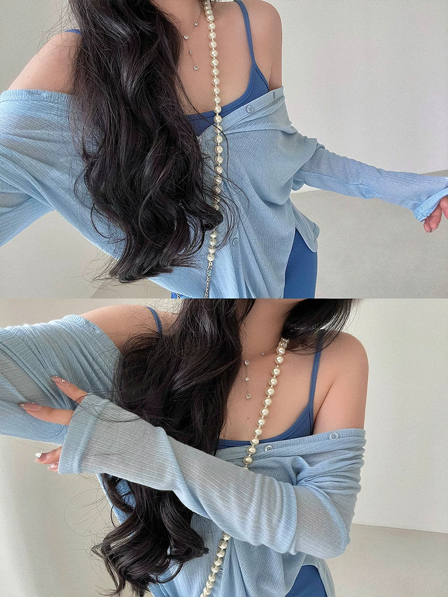 YoungGirlDay Pure Desire Áo khoác cardigan dáng rộng cổ chữ V có dây buộc eo, áo khoác mỏng chống nắng dành cho nữ
