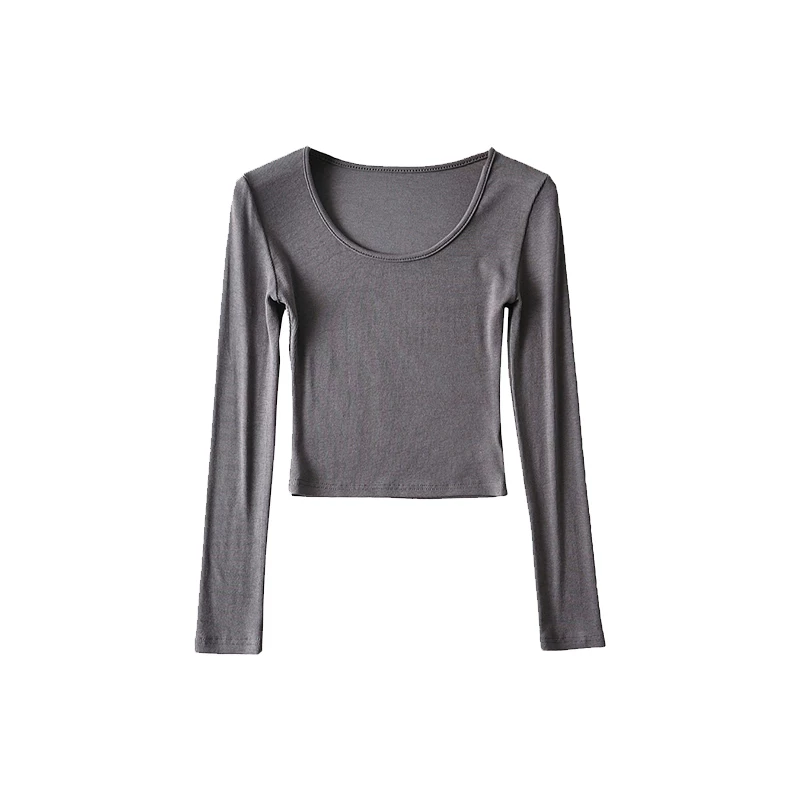 YoungGirlDay Áo crop top ngắn ôm sát phong cách Âu Mỹ gợi cảm với cổ tròn thấp và áo thun dài tay co giãn.