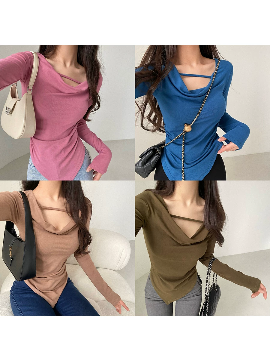 YoungGirlDay khao khát thuần khiết gợi cảm, vừa vặn, xếp ly không đều, viền hình chữ V, áo thun dài tay có viền hình chữ V