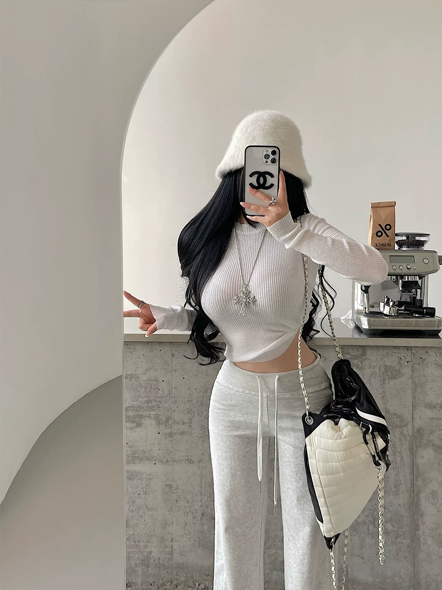 Áo dệt kim dài tay co giãn cổ tròn cơ bản YoungGirlDay Kardashian dành cho nữ