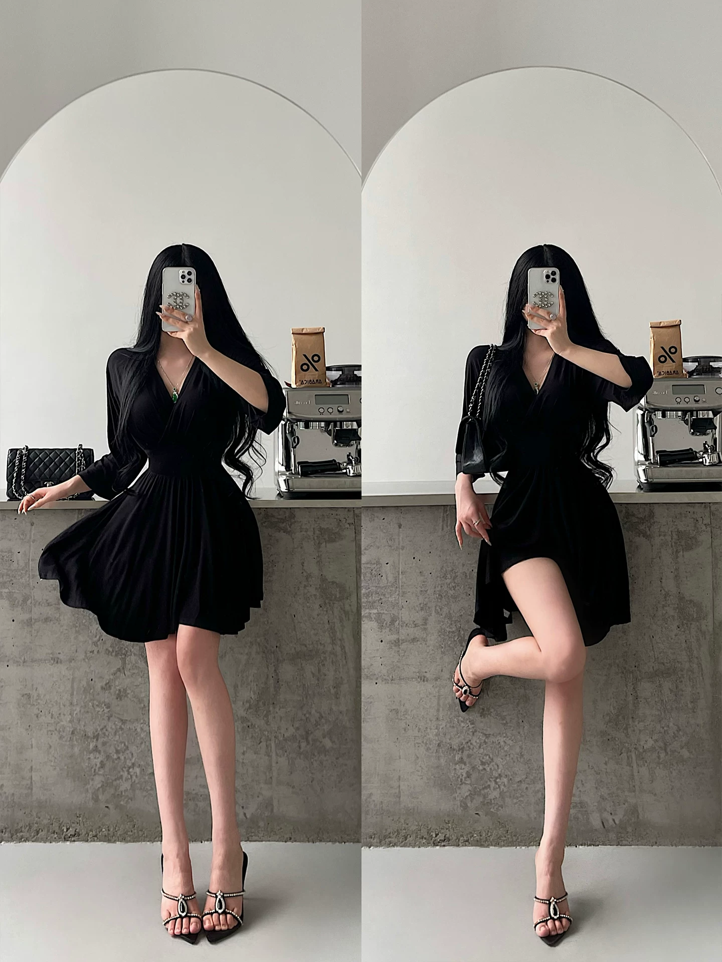 YoungGirlDay Váy ngắn có cổ chữ V gợi cảm, ôm eo, viền xếp nếp, tạo cảm giác trưởng thành và quyến rũ
