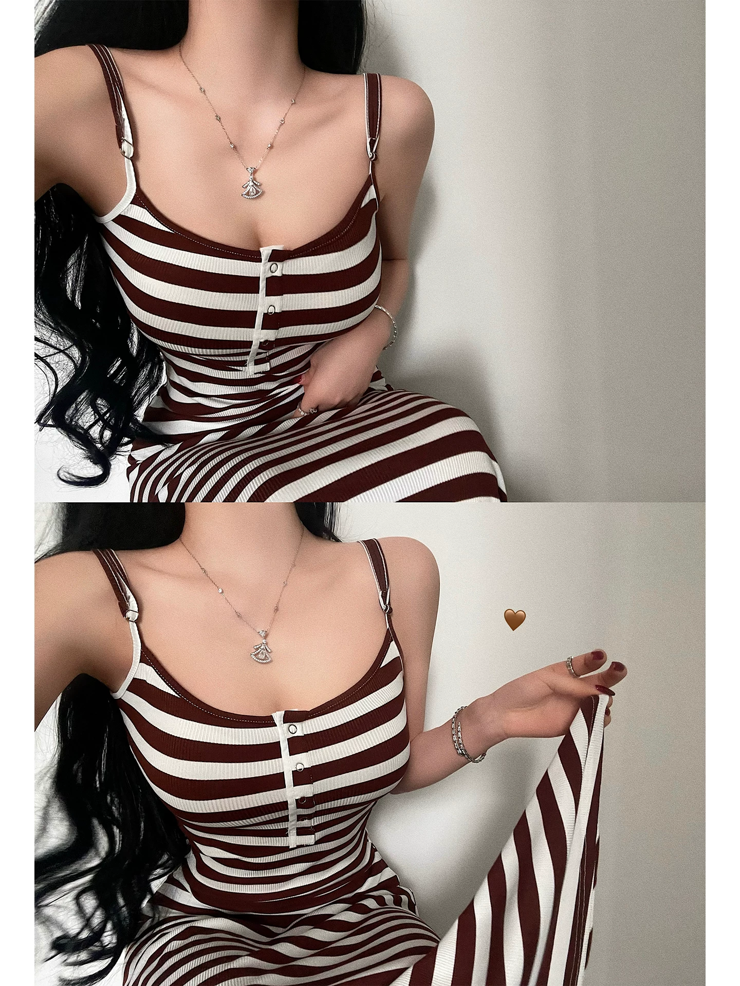 YoungGirlDay phong cách thuần khiết gợi cảm, phong cách lười biếng, vừa vặn, viền rộng, váy sọc có dây đeo, váy dài đến sàn