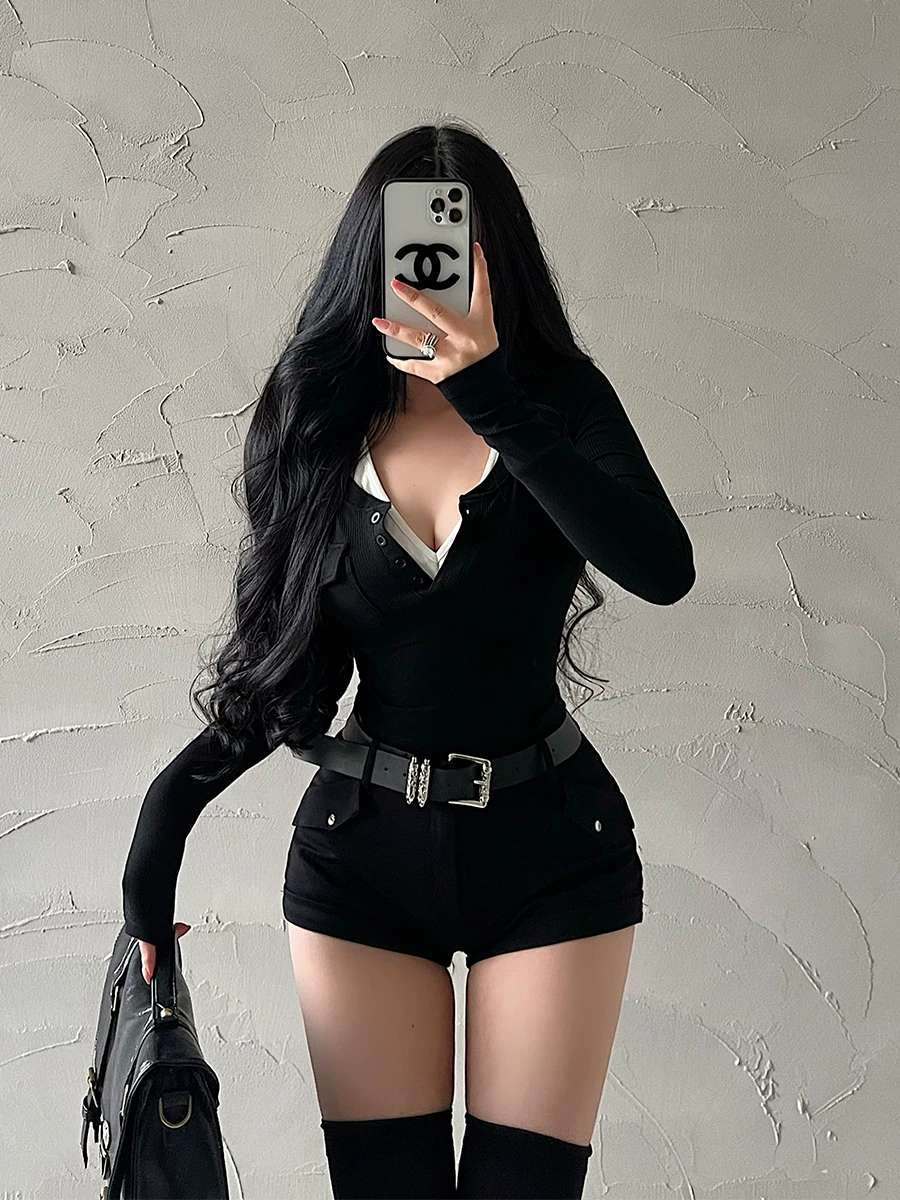 YoungGirlDay khao khát thuần khiết gợi cảm áo dây buộc dây có dây buộc ngực đơn bó sát áo thun dài tay bộ hai món