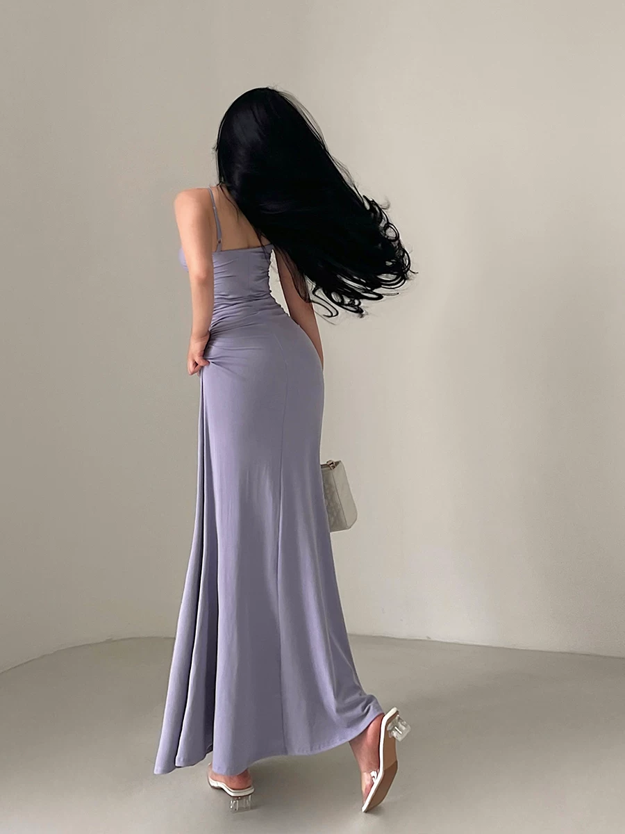 YoungGirlDay Pure Desire Style Váy dài có dây đeo cổ chữ V gợi cảm Slim Fit Ruched Eo Bodycon.