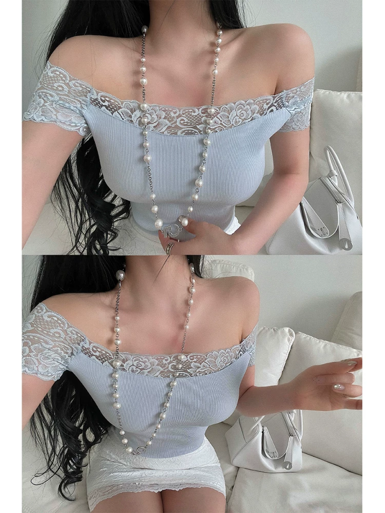 YoungGirlDay Pure Desire Atmosphere Áo thun trễ vai gợi cảm Slim Fit phối ren chắp vá Áo thun ngắn tay hàng đầu