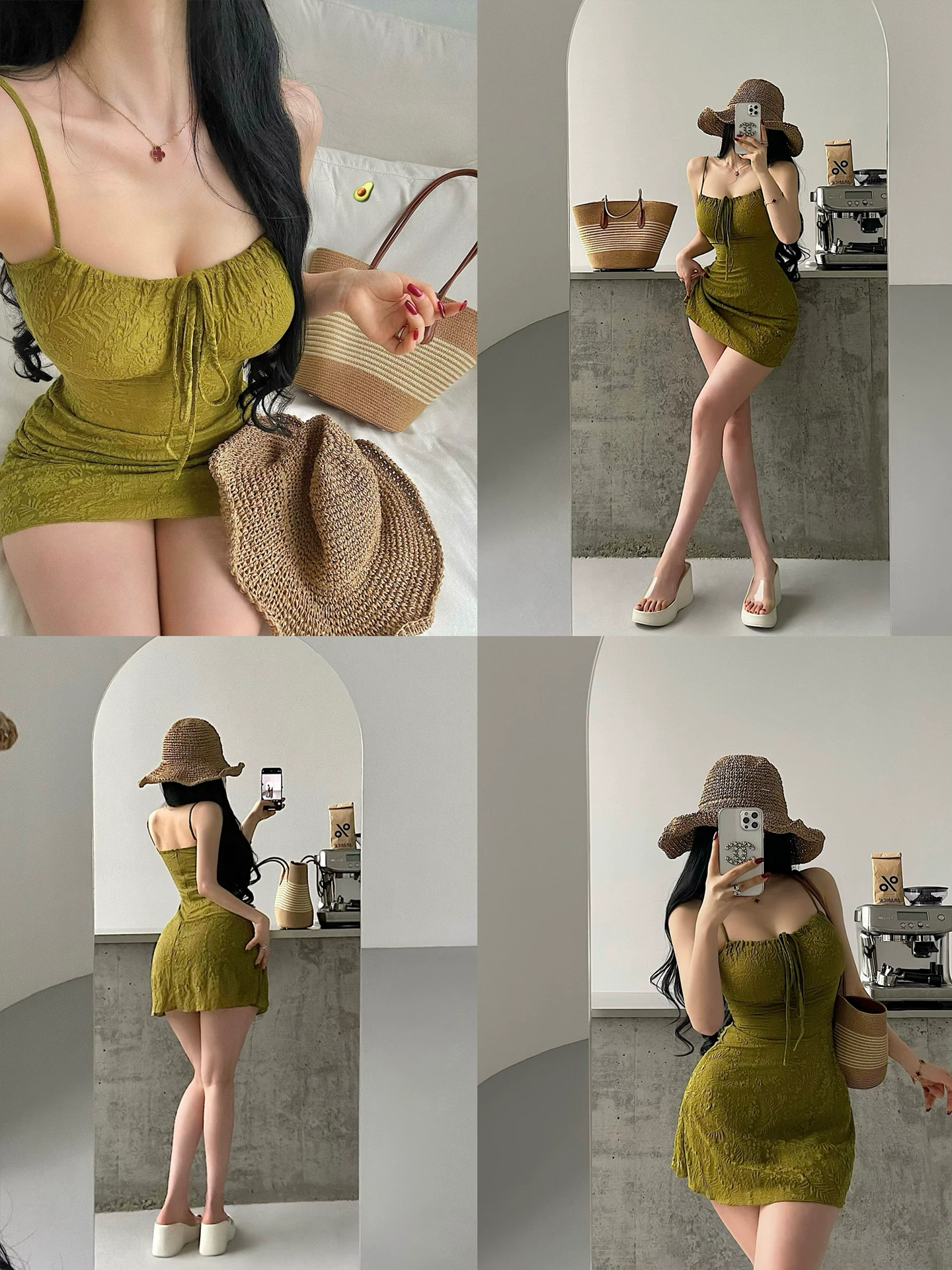YoungGirlDay retro thuần khiết khao khát gợi cảm thắt nơ thắt eo thon gọn váy chữ A có dây đeo váy ngắn