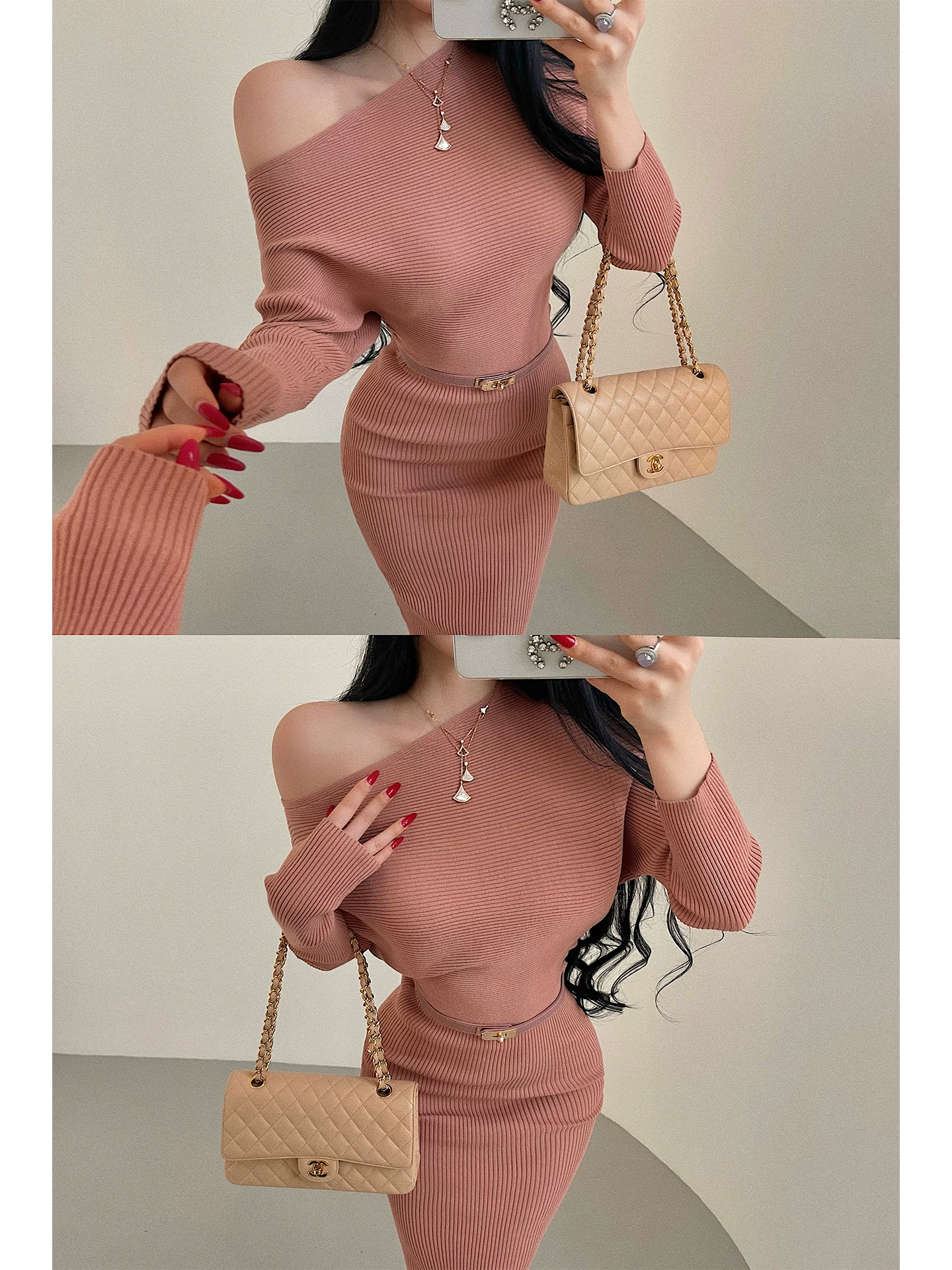YoungGirlDay chiếc váy bodycon dệt kim một vai bất đối xứng màu hồng gợi cảm, hơi say đắm, có thắt lưng.