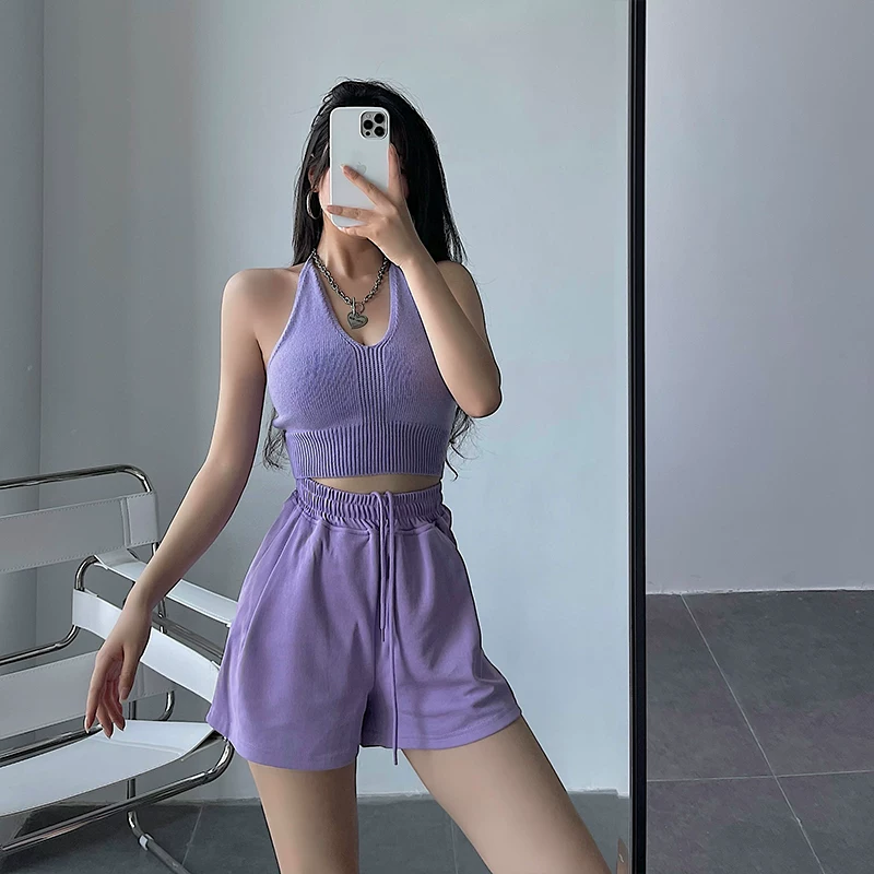 YoungGirlDay Quần short ống rộng lưng cao phong cách Âu Mỹ có dây rút co giãn eo thon gọn đa năng thể thao thông thường