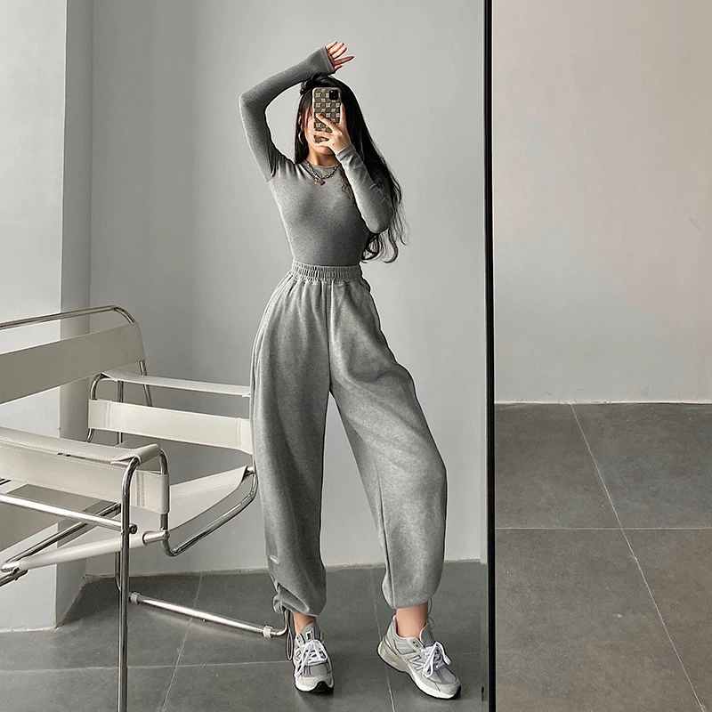 YoungGirlDay Quần jogger dây rút dáng rộng cạp cao phong cách Âu Mỹ có hiệu ứng xếp nếp, quần thể thao thông thường đa năng