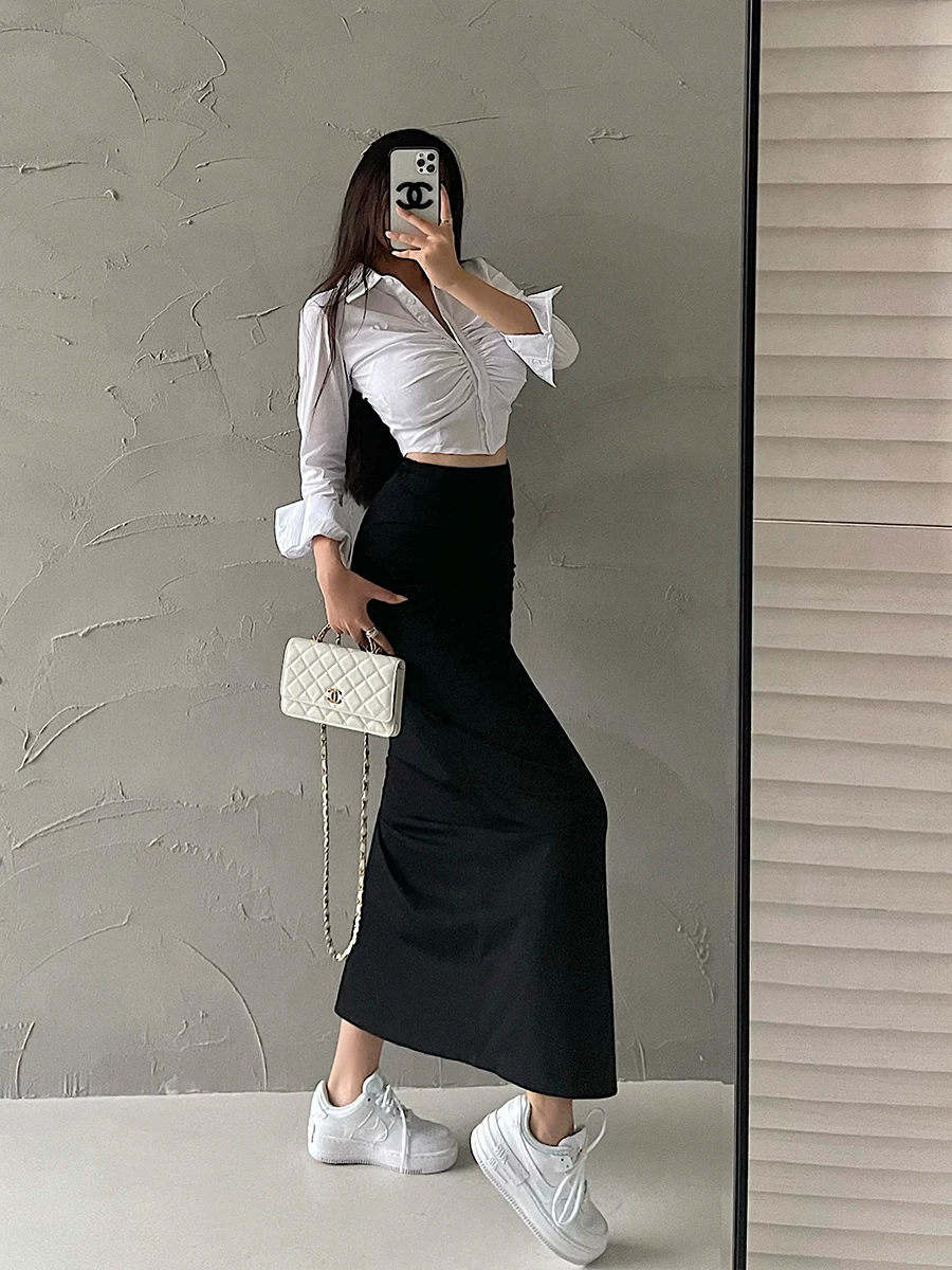 YoungGirlDay Phong cách Âu Mỹ gợi cảm, eo cao, xếp ly, xẻ tà, ôm sát cơ thể, váy dài công sở dành cho nữ.