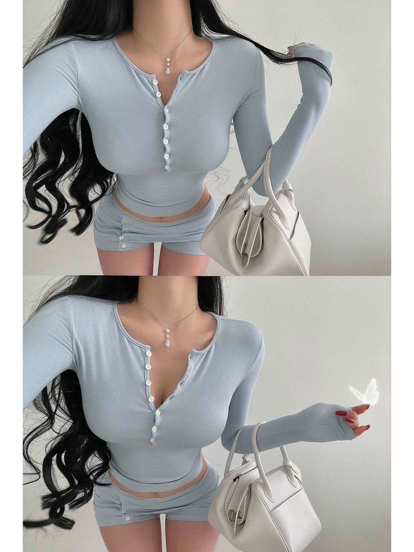 YoungGirlDay Pure Desire Hot Girl Áo thun dài tay một hàng khuy gợi cảm Top Bộ quần váy chống lộ eo thấp