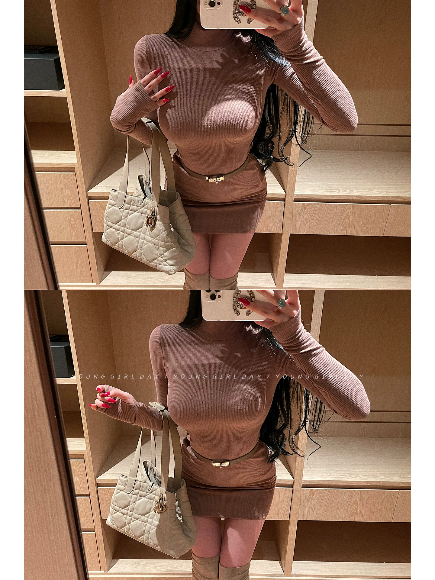 YoungGirlDay Kardashian váy ngắn ôm sát cổ cao gợi cảm, ôm sát cơ thể, tay dài, co giãn.