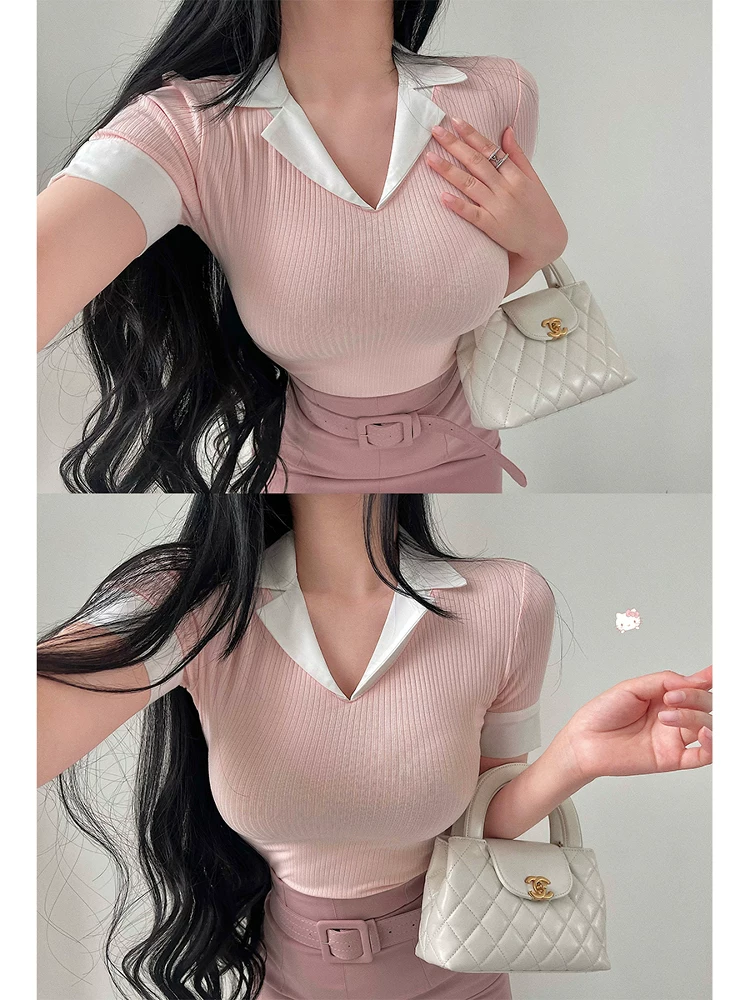 YoungGirlDay Pure Desire Style OL Slim Fit Áo sơ mi giảm béo ôm eo có màu sắc tương phản Áo thun ngắn tay có cổ tay áo màu tương phản dành cho nữ.