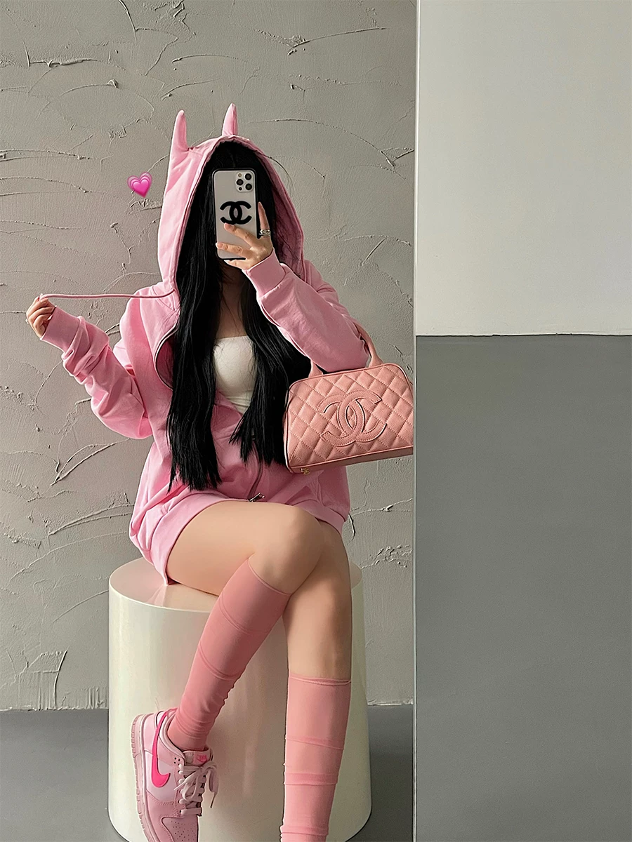 YoungGirlDay Phong cách châu Âu và Mỹ áo khoác dáng rộng có mũ trùm đầu tai quỷ có khóa kéo đôi kiểu dáng châu Âu và Mỹ