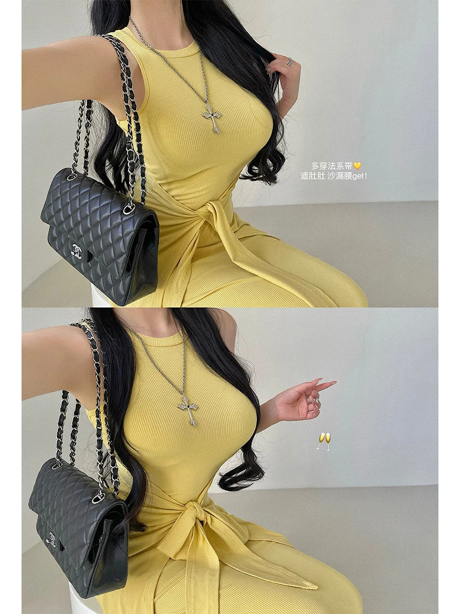 YoungGirlDay Pure Desire Style Váy hai mảnh giả hai mảnh có dây buộc eo không tay Bodycon Tank Dress Áo dài.