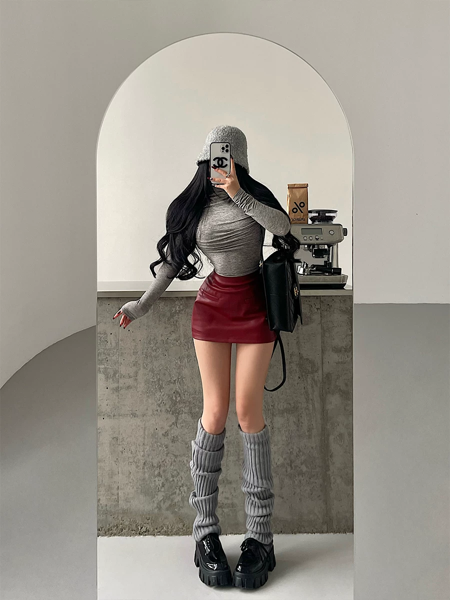 YoungGirlDay Váy da PU cạp cao gợi cảm có quần short an toàn để chống lộ, váy ngắn ôm sát cơ thể.