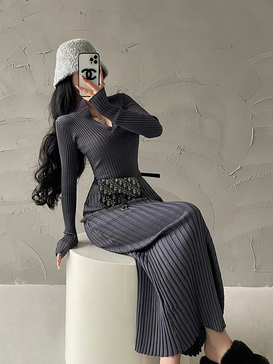 YoungGirlDay Pure Desire Style Phong cách gợi cảm cổ chữ V Slim Fit dài tay có gân đan Bodycon Dress Váy dài.