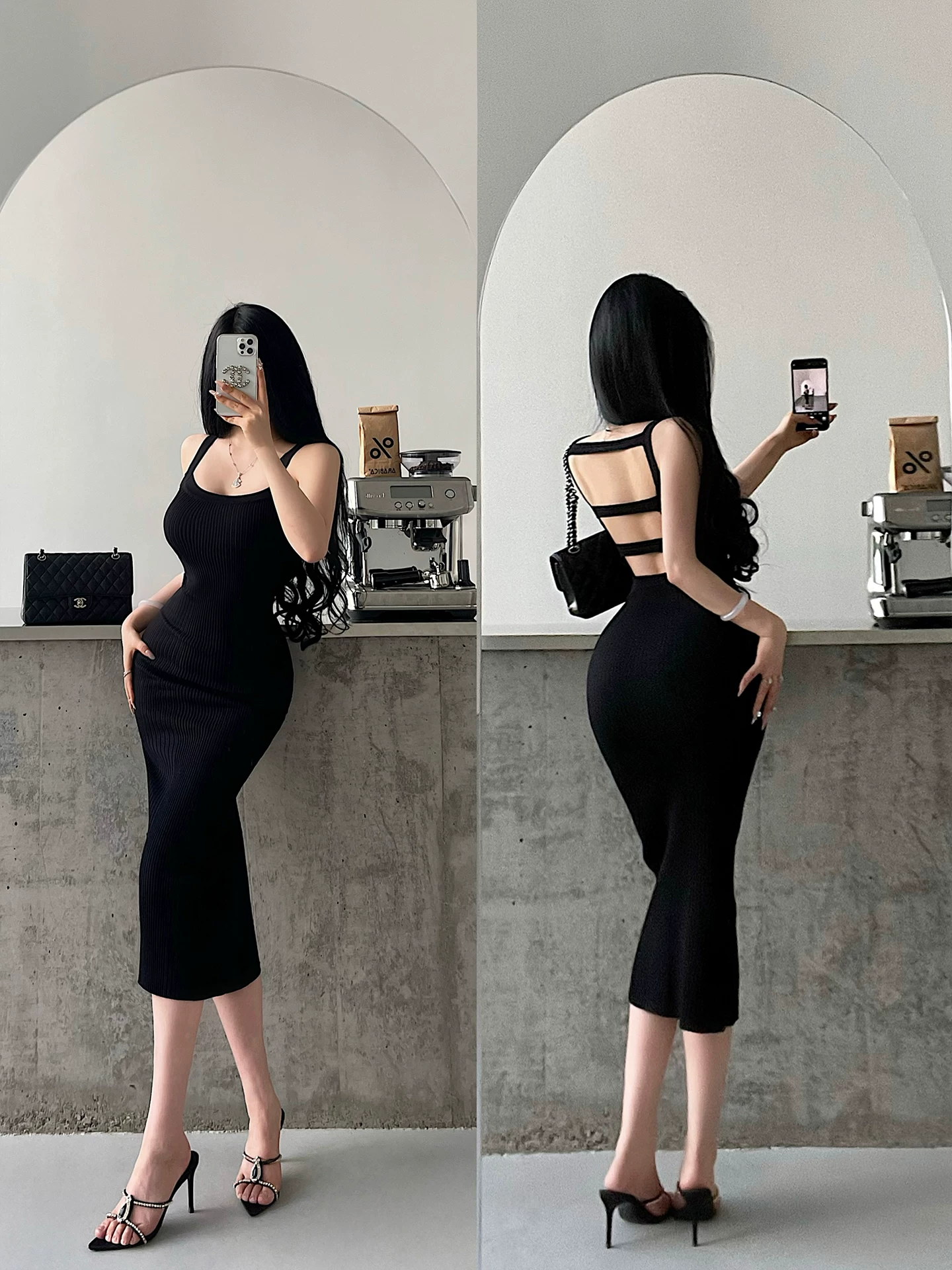 Váy liền thân ôm sát gợi cảm YoungGirlDay, thiết kế khoét lưng, chất liệu dệt kim, kiểu dáng ôm sát tôn dáng, dài ngang đùi, dây spaghetti.