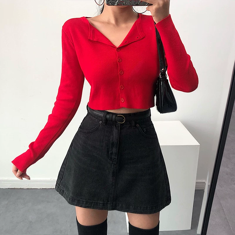 YoungGirlDay Kendall Jenner phong cách Âu Mỹ Áo cardigan dệt kim ngắn tay dài vừa vặn kiểu Âu Mỹ