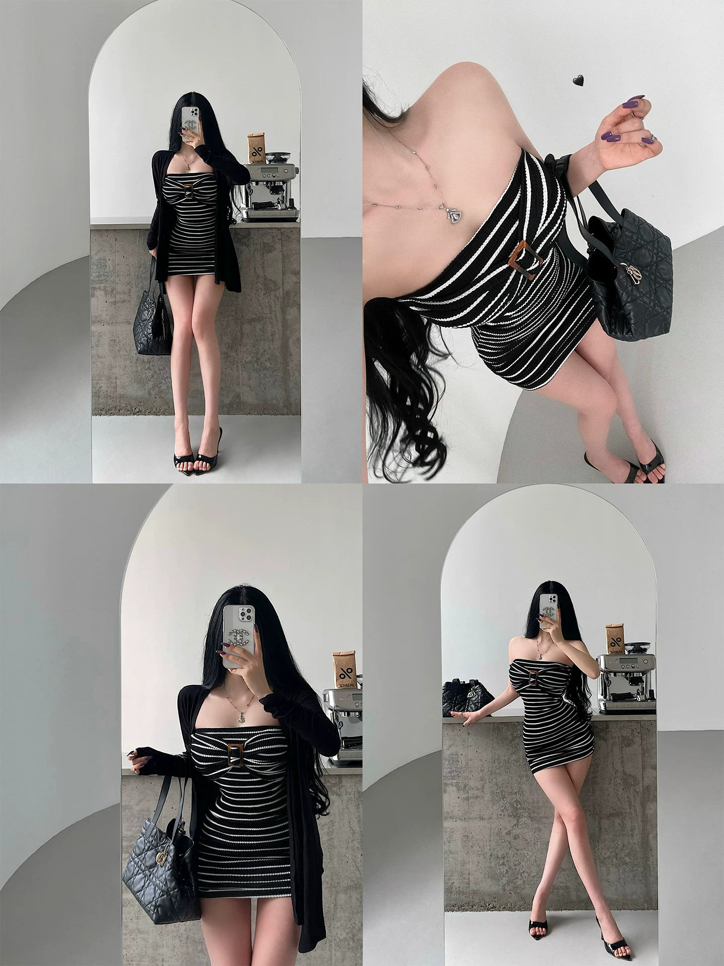 YoungGirlDay phong cách thuần khiết gợi cảm áo ống sọc gợi cảm ôm eo xếp ly váy bodycon dài tay kèm áo cardigan