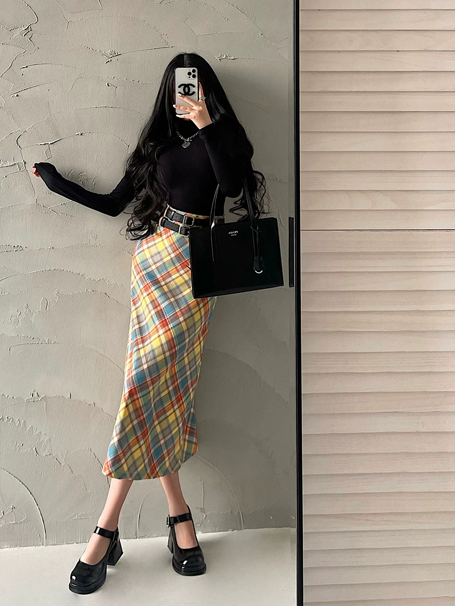 YoungGirlDay retro dopamine eo cao giảm béo có đai đôi kẻ sọc đầy màu sắc Váy chữ A dài vừa phải
